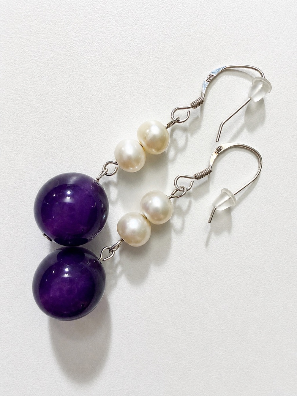 ⭐️ 925 Sterling Silver ($150) Genuine Amethyst, Freshwater Pearl Drop Earrings